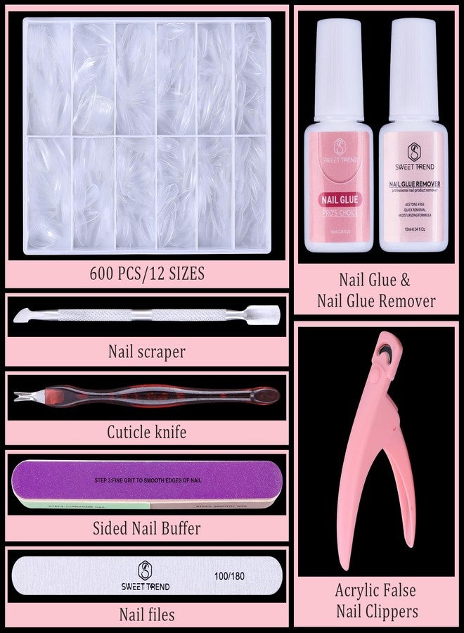 SWEET TREND Almond Fake Nail Tips Medium: 600Pcs Full Cover Nail Tips for Acrylic Nails Professional Clear Nail Tip with Nail Glue Remover & Glue Acrylic False Nail Clippers Art Nail Extension Kit for Home Salon - Image 2