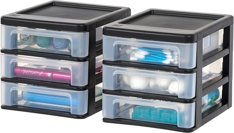 IRIS Power tool case パワー ツール ケース IRIS USA Plastic Stacking Desk Top 3-Drawer Storage Organizer, 2-Pack, for Makeup Vanity Nail Polish Bathroom Stationery Art Craft Supplies Kitchen Office Garage and Small Organization, Small, Black - Image 1