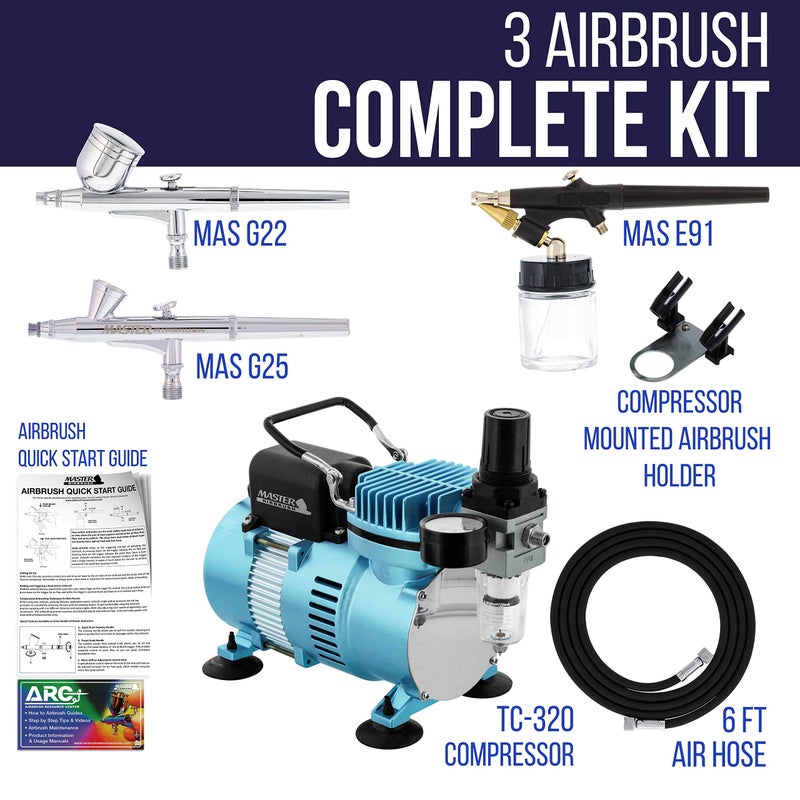 Master Airbrush Cool Runner II Dual Fan Air Compressor Airbrushing System Kit with 3 Professional Airbrush Sets, 0.2, 0.3 mm Gravity & 0.8 mm Siphon Feed - Hose, Holder, How To Airbrush Learning Guide - Image 2