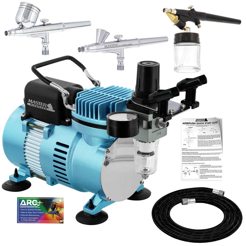 Master Airbrush Cool Runner II Dual Fan Air Compressor Airbrushing System Kit with 3 Professional Airbrush Sets, 0.2, 0.3 mm Gravity & 0.8 mm Siphon Feed - Hose, Holder, How To Airbrush Learning Guide - Image 1