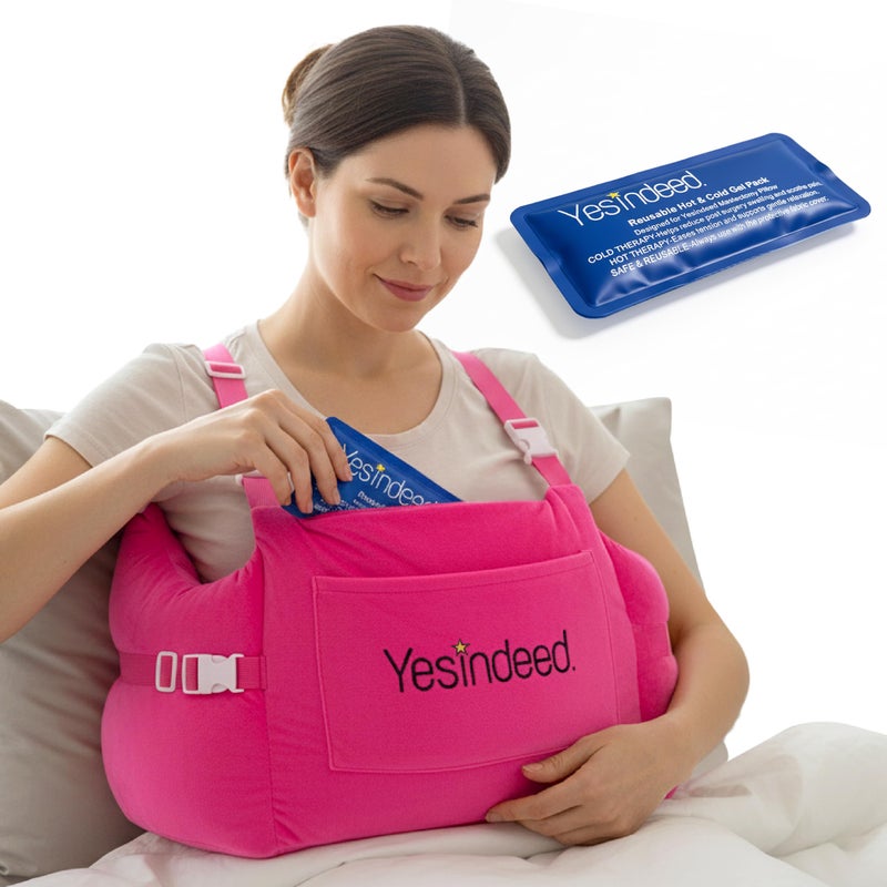 YESINDEED Post Mastectomy Pillow Recovery Cushion with Strap Shoulder Loops Gel Pack Soft Pink Support Pillow for Breast Heart CSection Hysterectomy Recovery Pink - Image 2