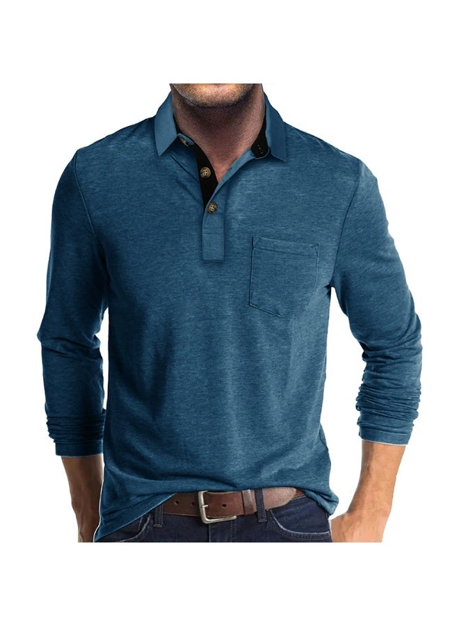general Men's Casual Polo Shirts Classic Button Basic Long Sleeve Shirt Solid Color Cotton Tees Stylish Tops - Image 1