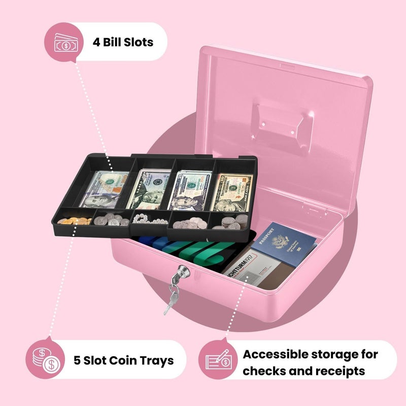 Flexzion Cash Box with Money Tray and Lock - Metal Cash Box for Small Businesses, 9-Compartment Pink Money Box with Removable Tray and Key, Portable Storage for Checks and Coins - Image 3