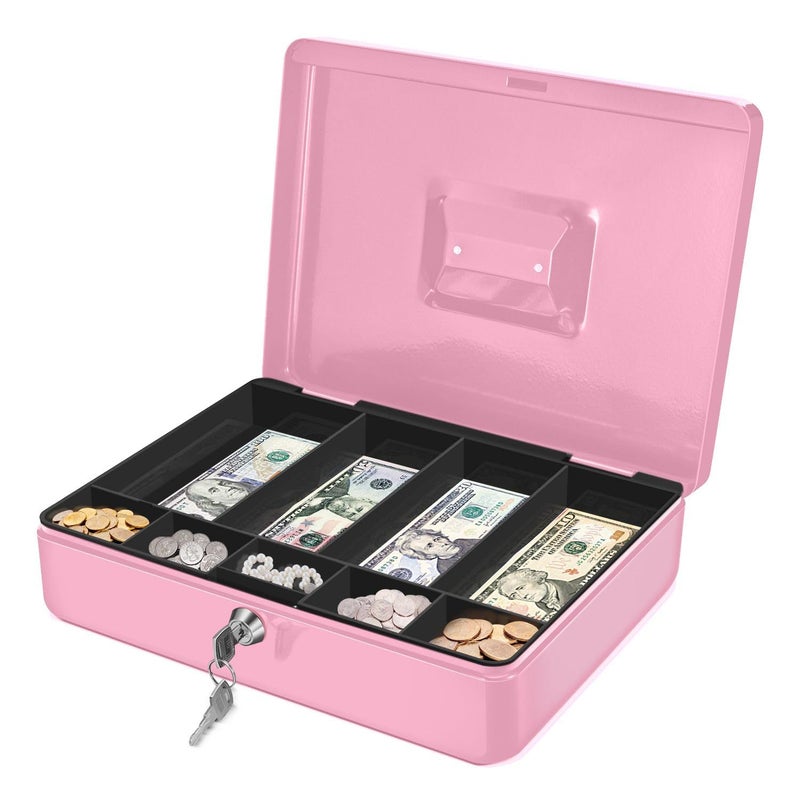 Flexzion Cash Box with Money Tray and Lock - Metal Cash Box for Small Businesses, 9-Compartment Pink Money Box with Removable Tray and Key, Portable Storage for Checks and Coins - Image 1