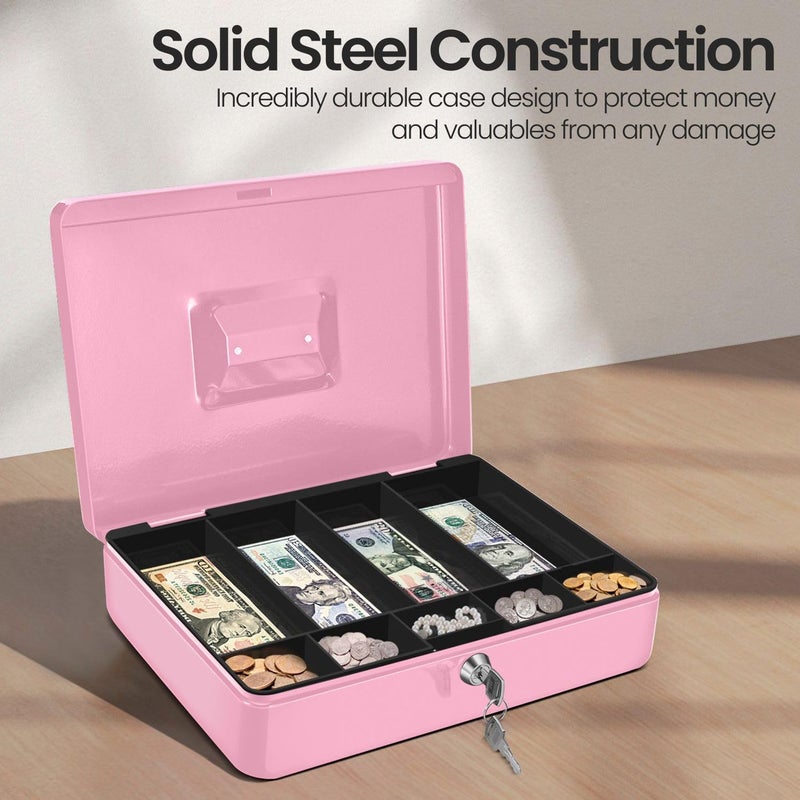 Flexzion Cash Box with Money Tray and Lock - Metal Cash Box for Small Businesses, 9-Compartment Pink Money Box with Removable Tray and Key, Portable Storage for Checks and Coins - Image 4