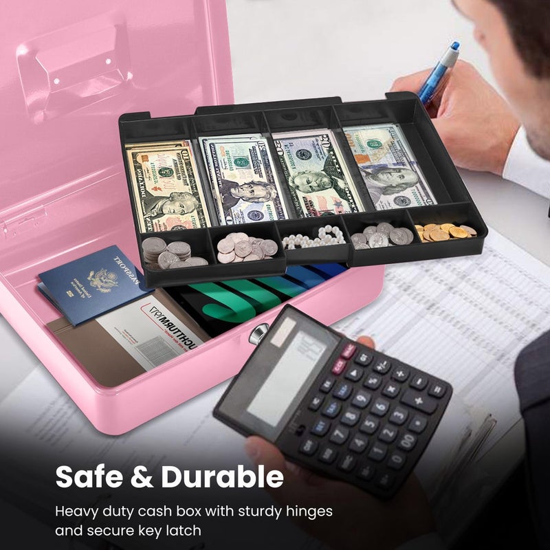 Flexzion Cash Box with Money Tray and Lock - Metal Cash Box for Small Businesses, 9-Compartment Pink Money Box with Removable Tray and Key, Portable Storage for Checks and Coins - Image 5