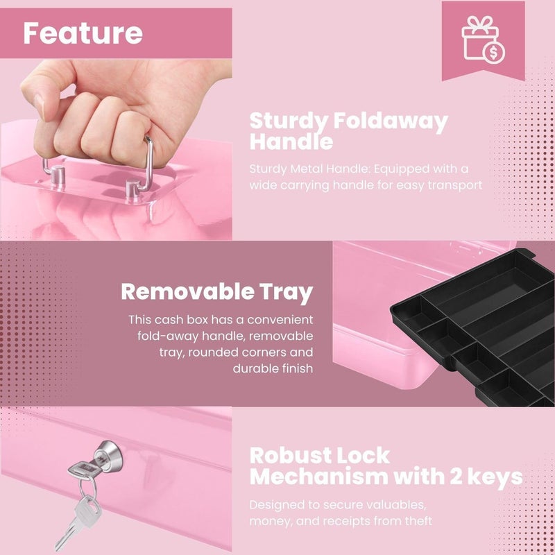 Flexzion Cash Box with Money Tray and Lock - Metal Cash Box for Small Businesses, 9-Compartment Pink Money Box with Removable Tray and Key, Portable Storage for Checks and Coins - Image 2