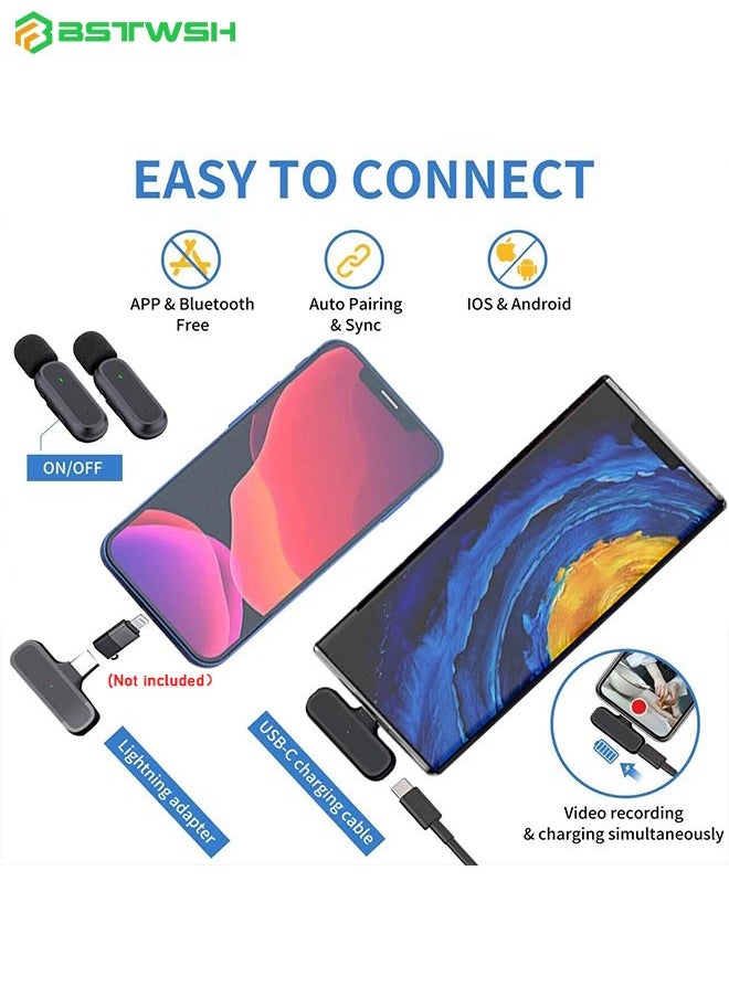 2 Pack Professional Wireless Lavalier Microphone for Android, iPhone iPad with Adapter Included Noise Reduction Plug-Play Clip on Lapel Mic for Youtube, Recording, Vlog, Facebook Live Streaming
