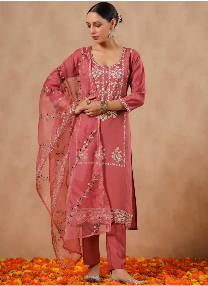 آي شين Women's Peach Polyester Blend Embellished Tunic Full Length Casual Straight Fit Kurta Set