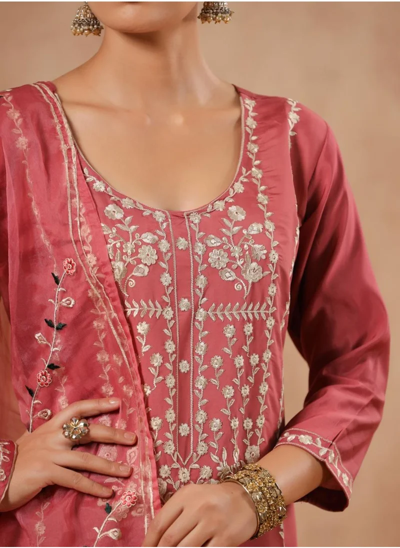 آي شين Women's Peach Polyester Blend Embellished Tunic Full Length Casual Straight Fit Kurta Set
