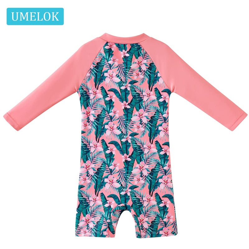 UMELOK Baby Girls Swimwear Sets One Piece Rash Guard Swimsuit with Sun Hat (Pink, Tropical jungle 9-12 months) - Image 2