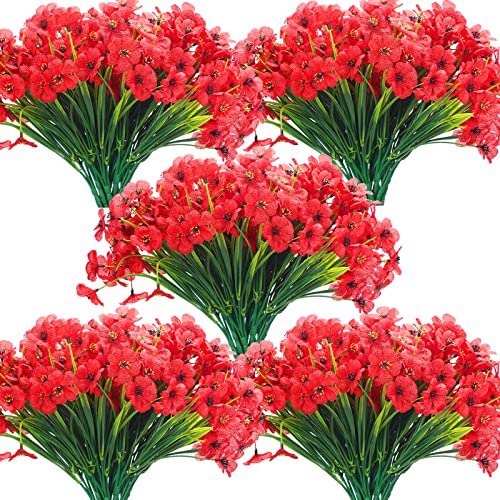 Janinka 48 Bundles Red Artificial Flowers Outdoor Faux Flowers UV Resistant Fake Plastic Plants No Fade Deep Red Greenery Shrubs for Porch Garden Planters Porch Window Wedding Box Decorating