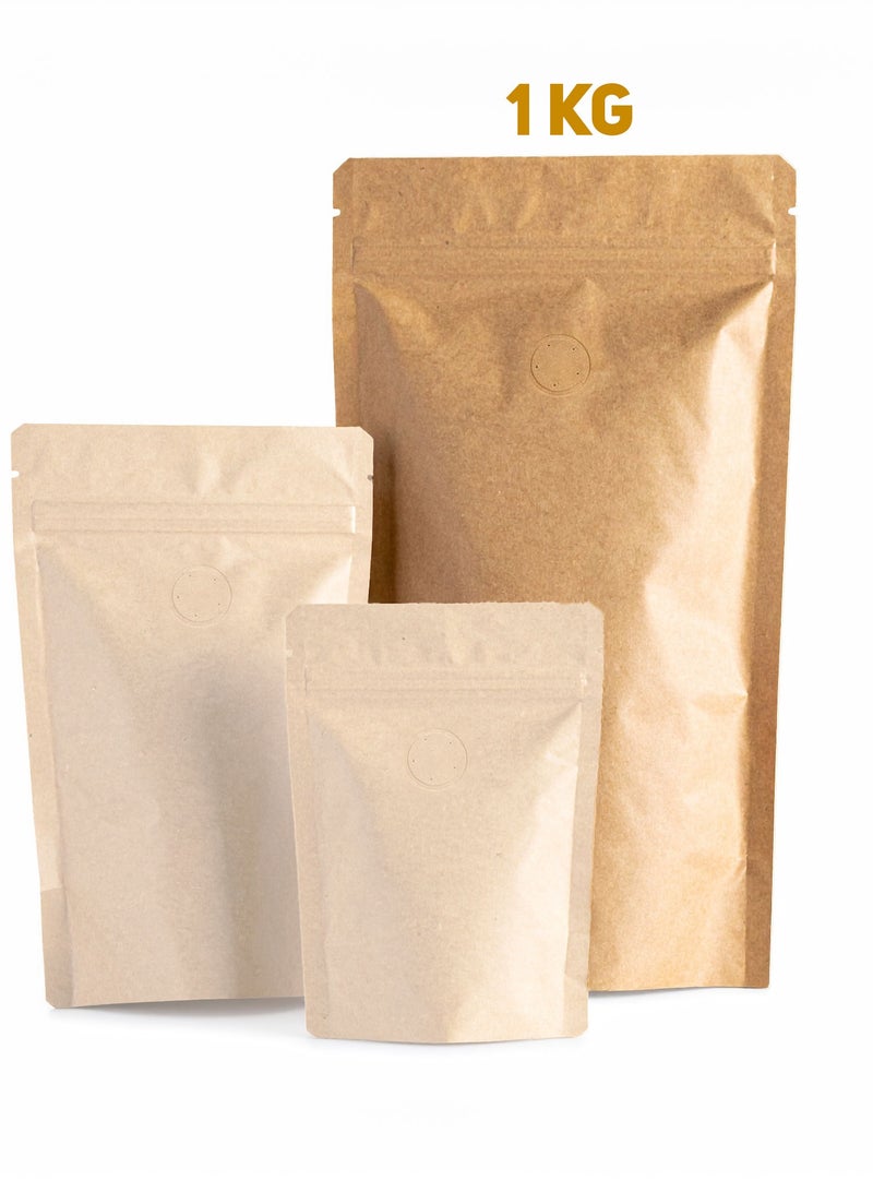 50 Kraft Paper 1KG  Stand-Up Pouches with Ziplock with Air Valve | Resealable Food Storage Bags | Eco-Friendly Packaging | Brown | 