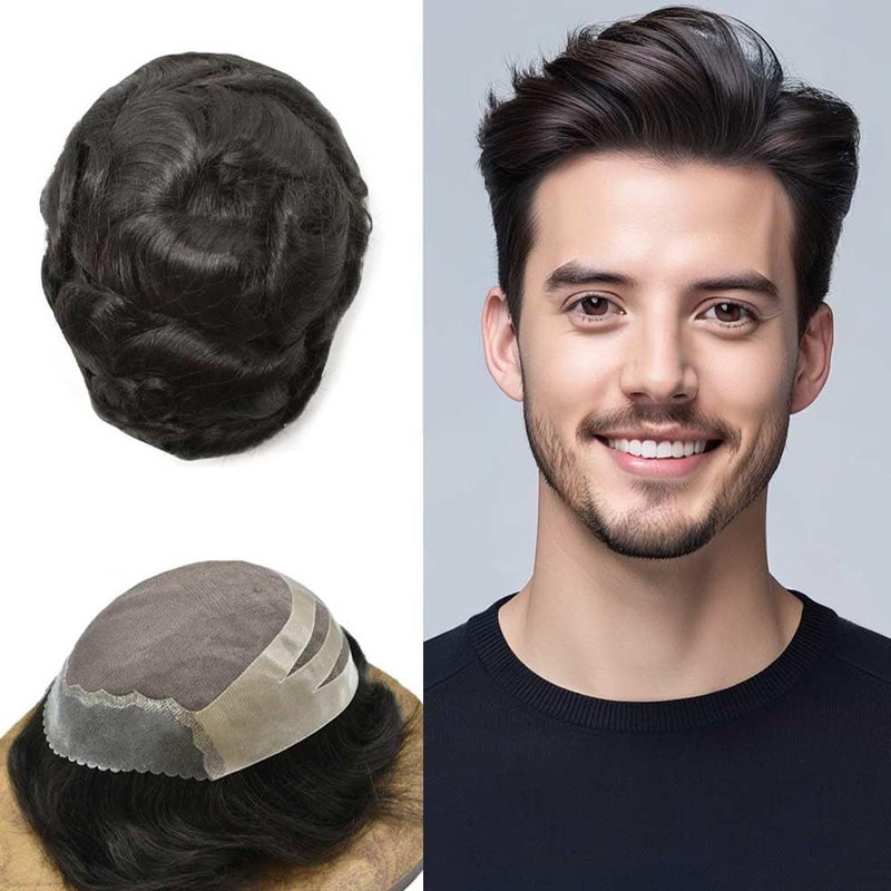 Generic Mens Toupee Human Hair Replacement System Fine Mono Lace Toupee For Men Durable LacePU Hairpieces For Men Hand Tied Monofilament Wig 8X10120 Medlight to Medium Density 1B Off Black 