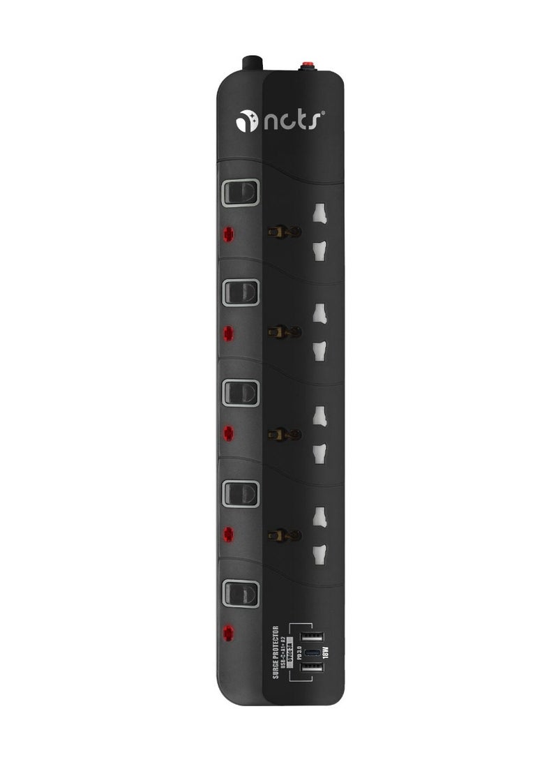 NCTS NCTS-4313UC QFLUX SERIES 4WAY+2USB+Type-C Universal extension socket, overload protection, Child resistant safety covers, UK 13A Fused/EU plug top, Surge Protector,1 Year Warranty (EU PLUG) 