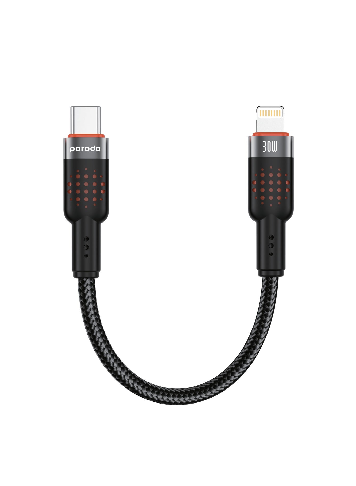 porodo Type-C to Lightning Cable with 25cm length, Aluminum Alloy Braided, PD30W Fast Charge, 480Mbps Transfer Speed, Tangle Free Cord, Compact Size Wire, Data Transfer & Fast Charge Cable - Black