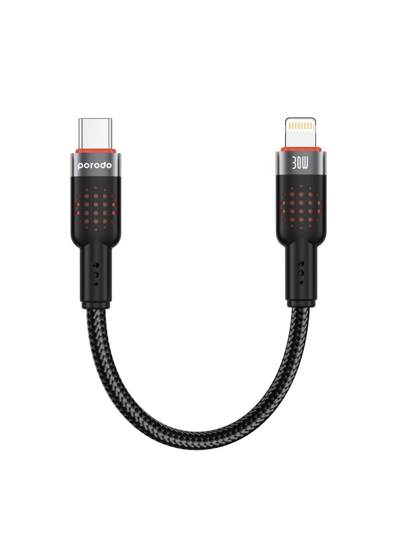 Type-C to Lightning Cable 25cm Aluminum Alloy Braided / PD 30W / 480Mbps Transfer Speed / Tangle Free Cord/ Compact Size Wire/ /Data Transfer & Fast Charge Cable- Black