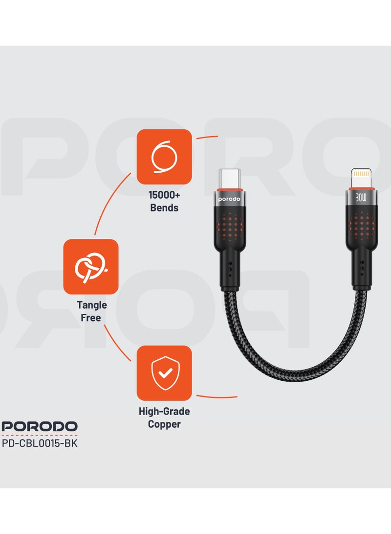 Type-C to Lightning Cable 25cm Aluminum Alloy Braided / PD 30W / 480Mbps Transfer Speed / Tangle Free Cord/ Compact Size Wire/ /Data Transfer & Fast Charge Cable- Black