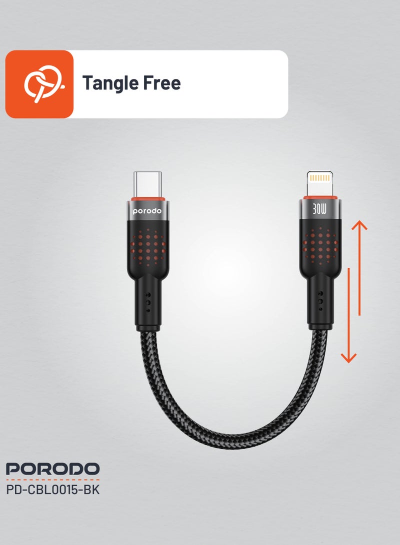 Type-C to Lightning Cable 25cm Aluminum Alloy Braided / PD 30W / 480Mbps Transfer Speed / Tangle Free Cord/ Compact Size Wire/ /Data Transfer & Fast Charge Cable- Black