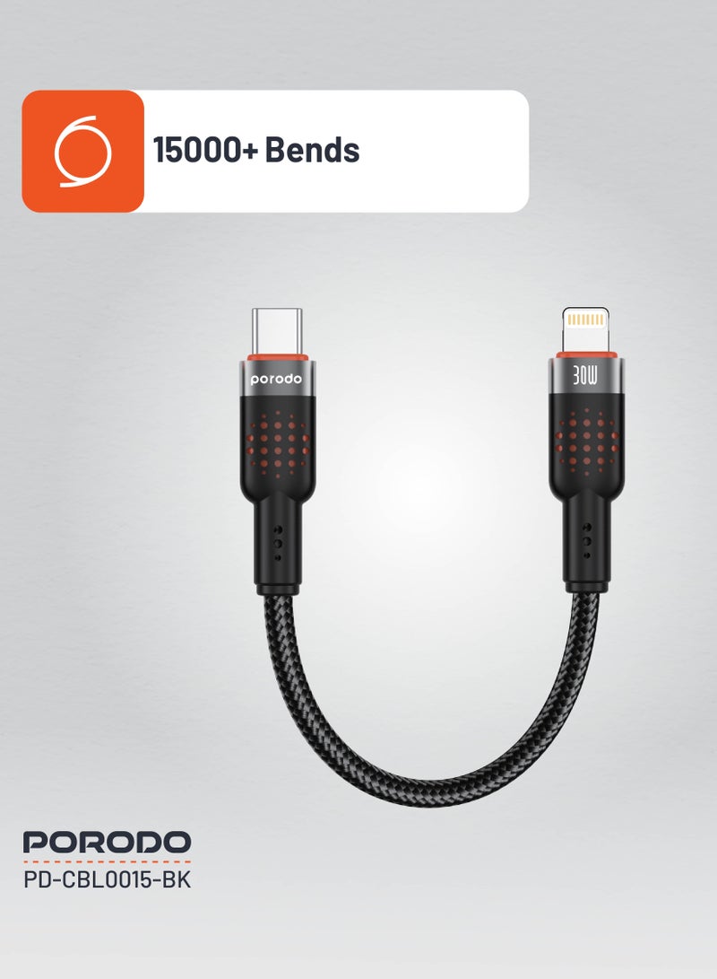 Type-C to Lightning Cable 25cm Aluminum Alloy Braided / PD 30W / 480Mbps Transfer Speed / Tangle Free Cord/ Compact Size Wire/ /Data Transfer & Fast Charge Cable- Black