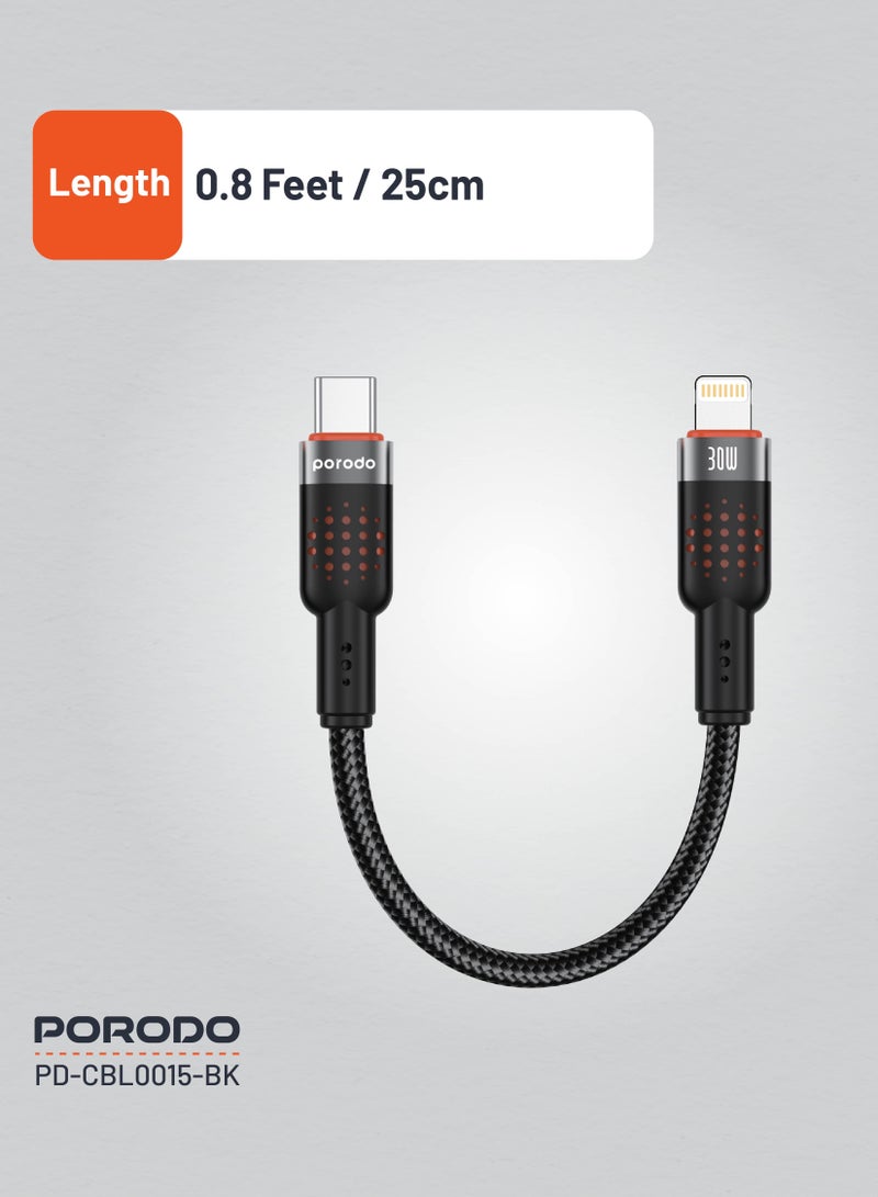 Type-C to Lightning Cable 25cm Aluminum Alloy Braided / PD 30W / 480Mbps Transfer Speed / Tangle Free Cord/ Compact Size Wire/ /Data Transfer & Fast Charge Cable- Black