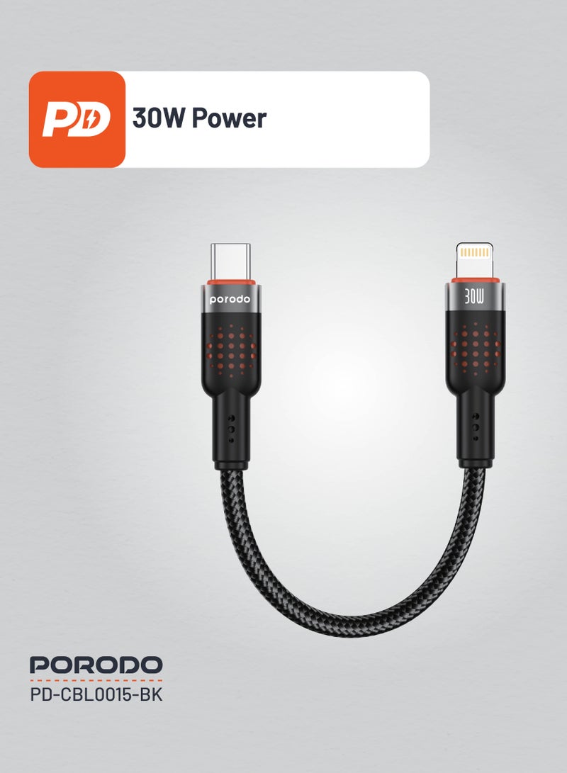 Type-C to Lightning Cable 25cm Aluminum Alloy Braided / PD 30W / 480Mbps Transfer Speed / Tangle Free Cord/ Compact Size Wire/ /Data Transfer & Fast Charge Cable- Black