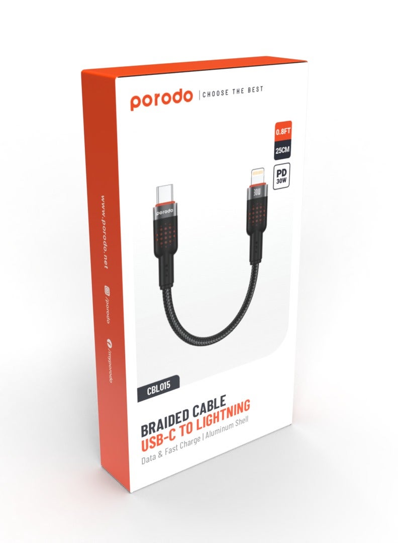 Type-C to Lightning Cable 25cm Aluminum Alloy Braided / PD 30W / 480Mbps Transfer Speed / Tangle Free Cord/ Compact Size Wire/ /Data Transfer & Fast Charge Cable- Black
