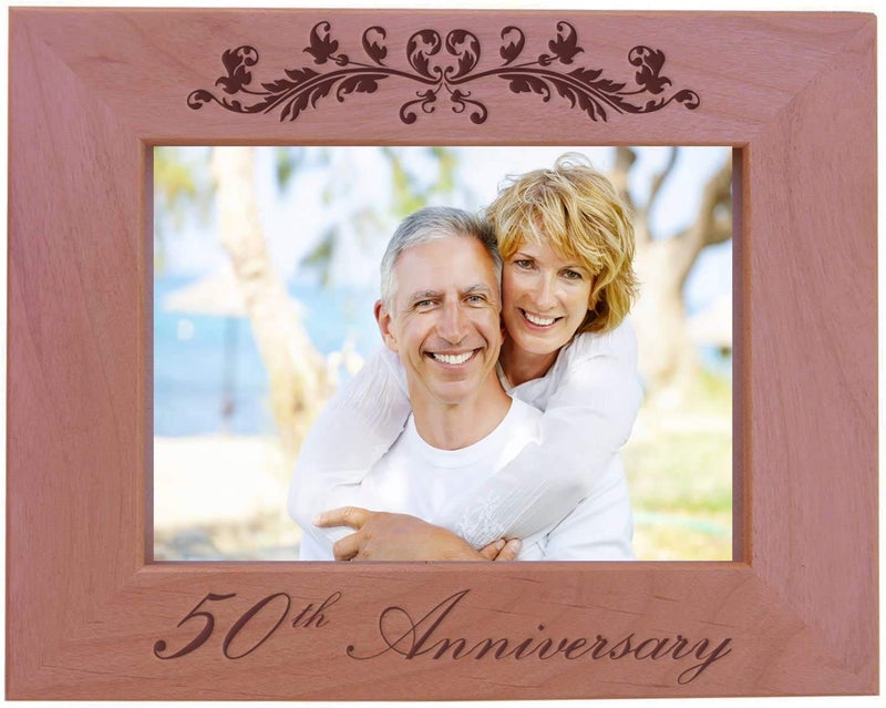 CustomGiftsNow 50th Anniversary Engraved Natural Alder Wood TabletopHanging Wooden Wedding Picture Frame 5x7inch Horizontal