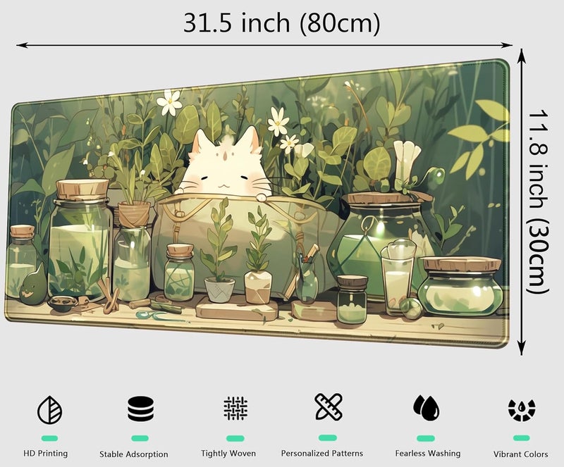 DCJJM Cute Kawaii White Cat Anime Green Plant Leaves Desk Mat Large Mouse Pad Gaming Desk Pad, XL Extended Mousepad Desk Accessories for Women Office Decor Long Laptop Keyboard Mouse Mat 31.5x11.8 in - Image 2
