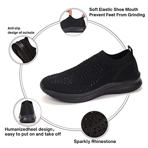 BELOS Women's Rhinestone Slip On Walking Shoes Breathable Mesh Knit Sock Shoes Fashion Comfortable Sparkly Sneaker(Black,7) - Image 4