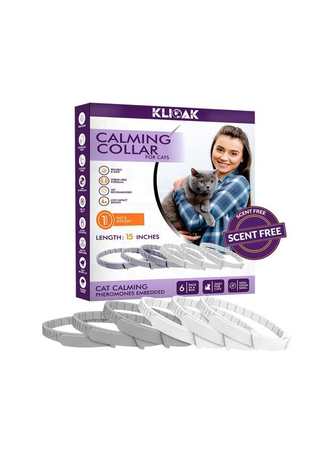 Klioak Calming Collars for Cats 6 Pack Grey & White Pheromone Cat Anxiety Collar Natural Stress Relief for Scratching, Marking & Loud Noises Adjustable Calming Collar for Kittens & Cats - Image 1