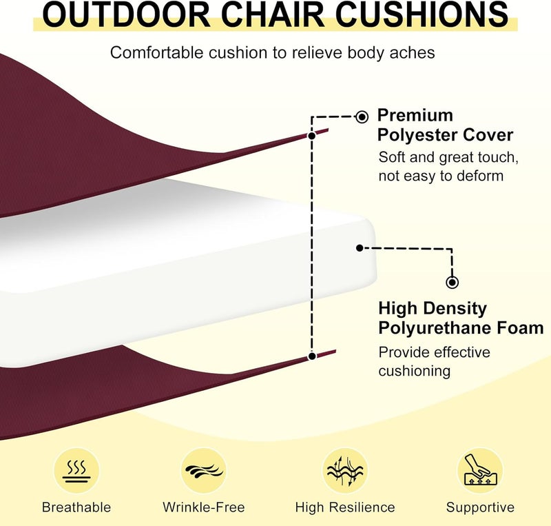 downluxe Outdoor Chair Cushions Set of 4 for Patio Furniture, Water-Resistant Square Corner Patio Chair Cushions with Ties, High Density Foam Outdoor Seat Cushion, 18.5" X 16" X 3", Burgundy - Image 2
