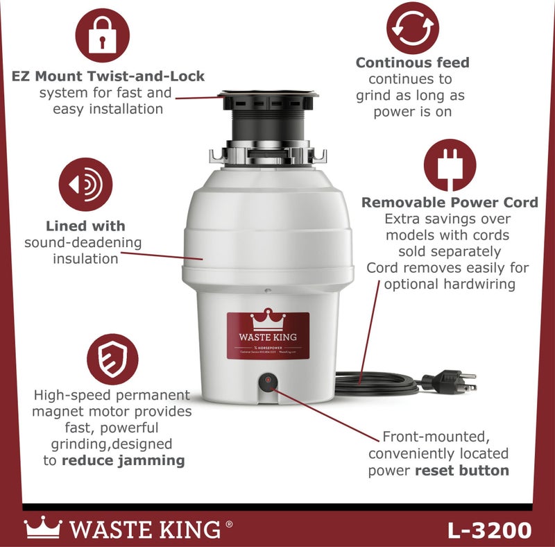 Waste King Garbage Disposal for Kitchen Sink with Power Cord, Food Waste Disposer, L-3200 - Image 3