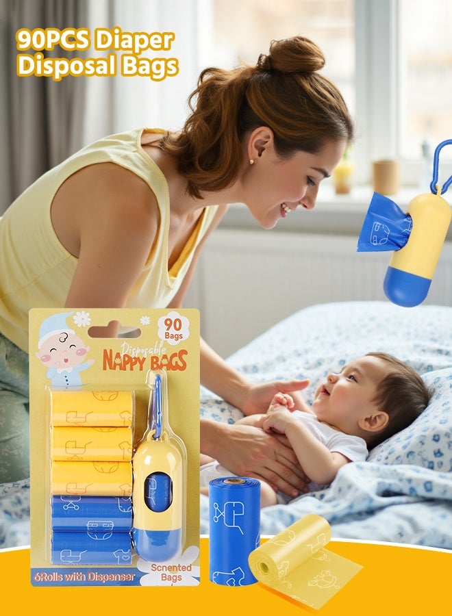 سوفت تاتش 90 قطعة من أكياس التخلص من الحفاضات، 5 لفات من أكياس الحفاضات المحمولة، حقيبة للاستخدام مرة واحدة للأطفال، حقيبة براز الأطفال، حقائب حفاضات الرضع، حقيبة قمامة الحفاضات مع موزع، التخلص المريح والسريع من الحفاضات ضروري للسفر - Image 3