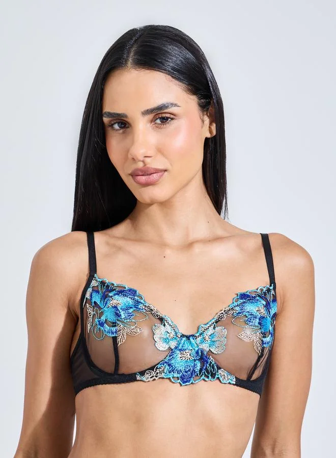 Styli Black Floral Embroidered Npw Bra And Thong Brief Set