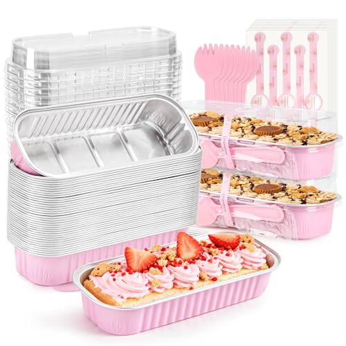 LOKQING Mini Cake Pans with Lids 100 Pack Pink Mini Loaf Pans with Lids 68 oz Individual Cake Pans with Lids for Mini Cakes Brownies Cheesecake Bake Sale Parties Gifting and Sharing - Image 1