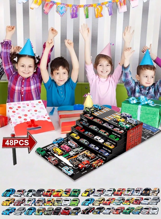 نوايوو مجموعة ألعاب سيارات السباق، لعبة مضمار سباق سيارات تعمل بالسحب للخلف، مجموعة ألعاب سيارات حاويات، مع 48 سيارة مصنوعة من سبائك معدنية، مناسبة للأطفال من عمر 3 سنوات فما فوق. - Image 1