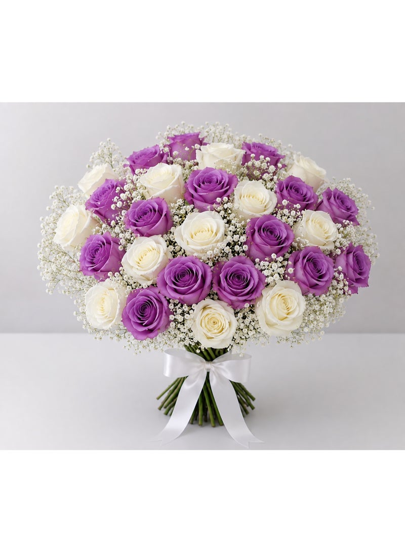 27-Stem Hand-Tied Rose Bouquet with Purple and White Roses & Baby's Breath