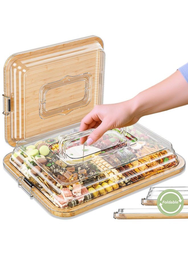 MAYELM Charcuterie Boards with Foldable Lid, Portable Bamboo Cheese Board with Single Compartments, Clear Locking Lid and Handle, Easy to Store, Suitable for Picnics, Camping, Parties & Holiday Gifts - Image 1