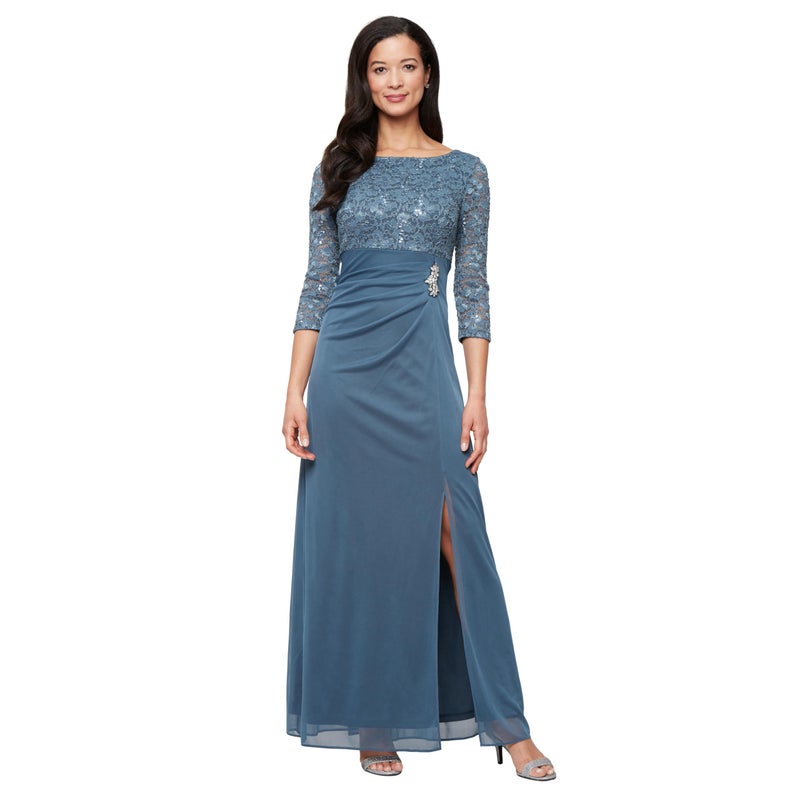 S.L. Fashions Women's Long Mother of The Bride Dress with Stretch Lace Bodice & Hip Embellishment (Petite and Regular Sizes), Steel Blue, 8 - Image 1