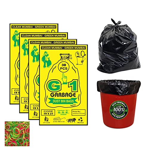 G1 G 1 Garbage Medium Black Dustbin Bags & Covers | 19 X 21 Inch | 4 Packs Of 30 Pcs | 120 Pcs | 100% Recyclable Disposable Trash Waste with Rubber Band | For Home Office Hospitals Malls Parks | - Image 1