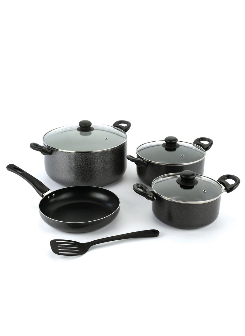 DELCASA 8 Piece Non Stick Cookware Set compatible with gas, ceramic, halogen, and hot plate stovetops 30x13.5 cm casserole with lid, a 24x11 cm casserole with lid, a 20x9 cm casserole with lid, Frypan, Turner  - Image 1