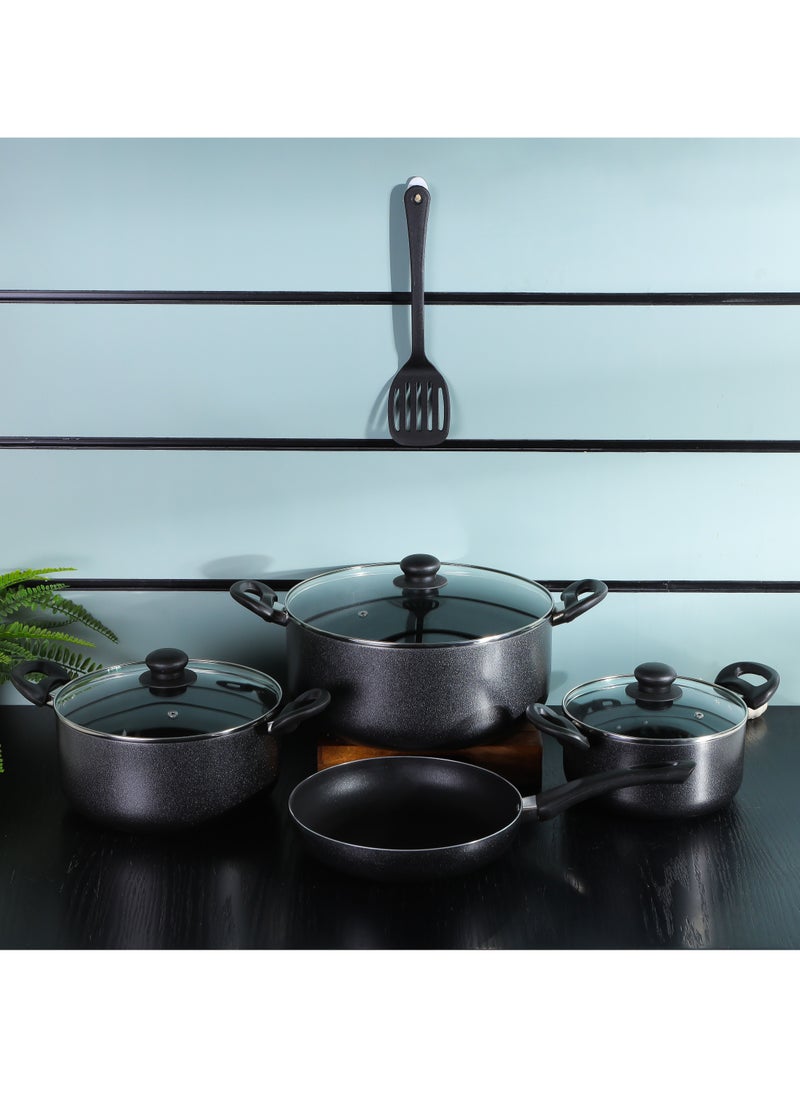 DELCASA 8 Piece Non Stick Cookware Set compatible with gas, ceramic, halogen, and hot plate stovetops 30x13.5 cm casserole with lid, a 24x11 cm casserole with lid, a 20x9 cm casserole with lid, Frypan, Turner  - Image 3