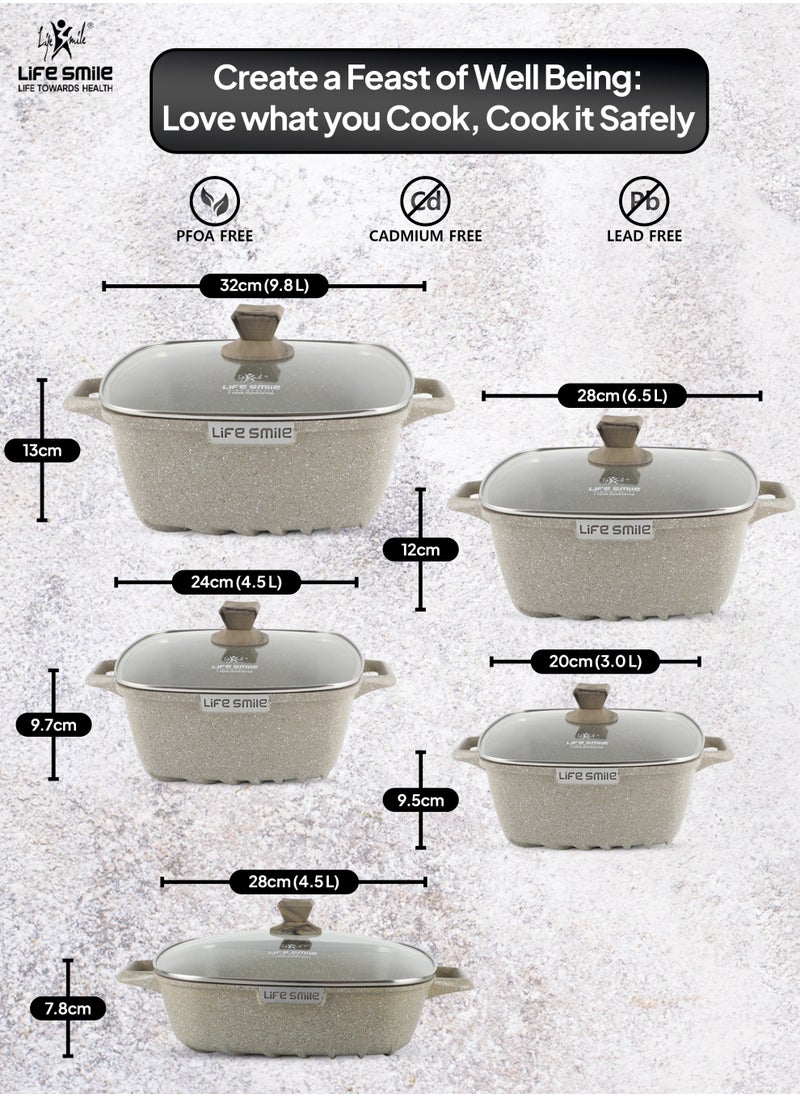 Life Smile Nonstick Cookware Set -Oven Safe Aluminum Cookwares -Granite Coated Cooking Pots & Pan Set Includes  includes 20cm/24cm/28cm/32cm Soup pot with lid and 28cm Shallow pot with Lid-100% PFOA Free Cooking Set(Green)  - Image 3
