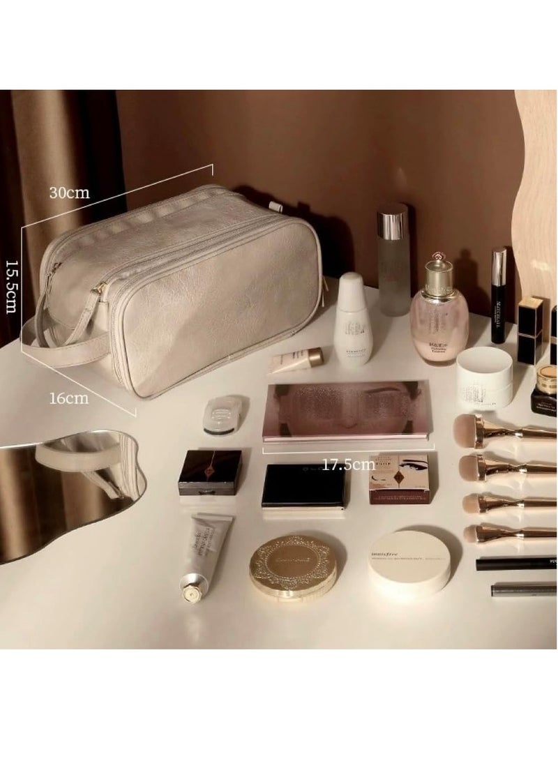 Excefore Large Capacity Travel Makeup Bag, Portable Toiletry Cosmetic Bag, Makeup Case Organizer with Dividers and Handle, Waterproof Leather Skincare Bag for Women, Makeup Storage Bag for Daily Use - Image 3