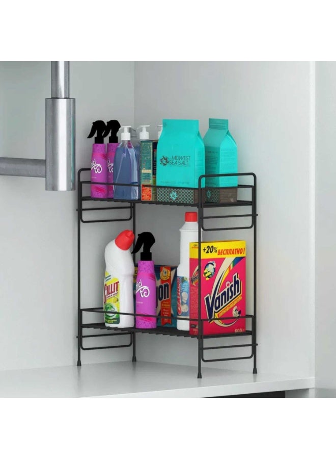 2-Tier Metal Shelf Rack – Bathroom & Kitchen Storage Organizer – Matte Black Finish - Image 3