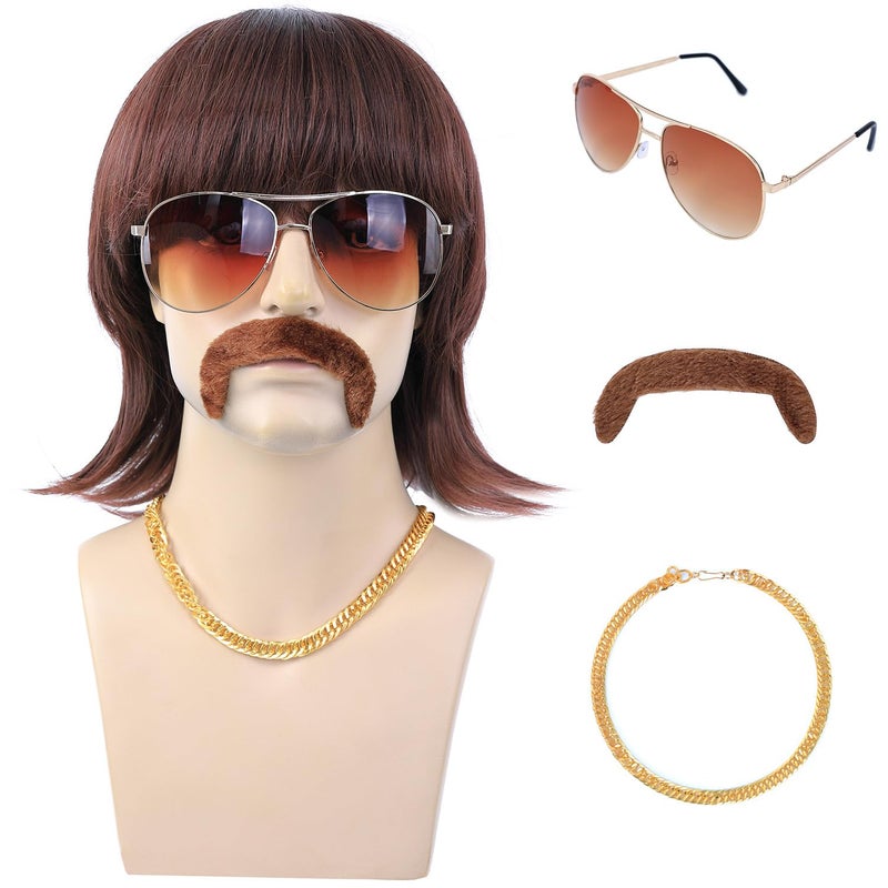 morvally 5pcs Set 70s 80s Disco Wig with Mustache Glasses and Chain Short Brown Mens Mullet Wig for 60s Singer Rocker Hippies Costume Cosplay Halloween Party