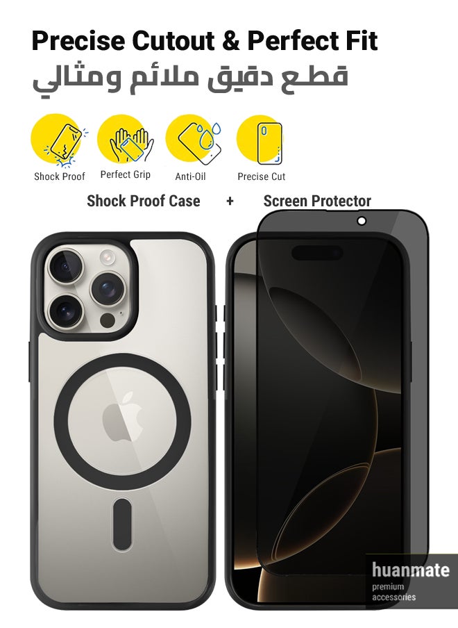 huanmate - 2 in 1 Apple iPhone 16 Pro Max Magsafe Protection Pack - Ultra Clear Shockproof Case & Anti-Peeping Privacy Glass Screen Protector, All-Round Defense with High Transparency & Easy Installation - Image 1