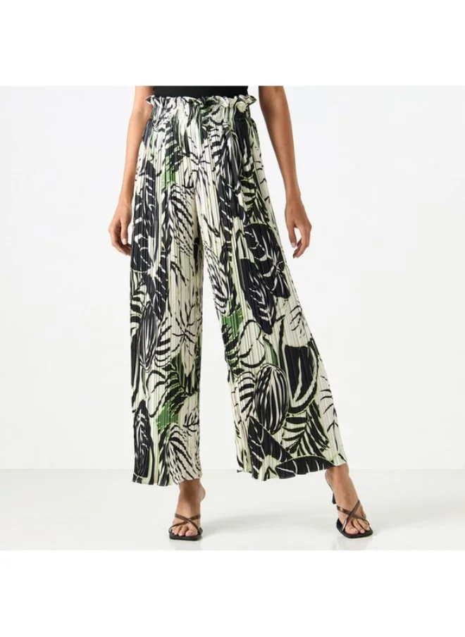 2Xtremz 2Xtremz Printed Pleated Palazzo Pants with Elasticated Paperbag Waist