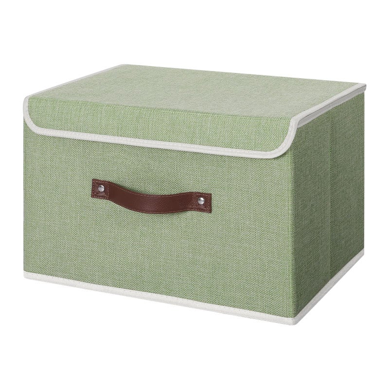 ANMINY Storage Bin with Lid Storage Boxes with PU Leather Handles PP Plastic Board Decorative Foldable Lidded Cotton Linen Fabric Home Cubes Baskets Closet Organizer Container Green Large Size